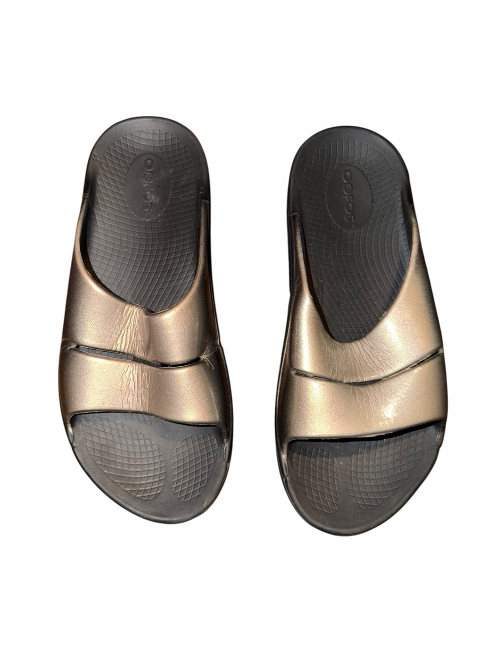 OOFOS Women’s Size 8 Metallic Bronze Recovery Slide Sandals OOfoam Comfort